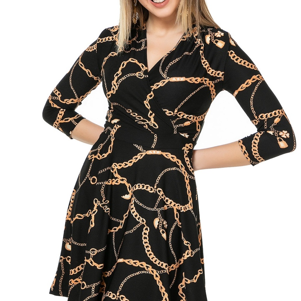 Elegant Chain Print Long Sleeve Dress